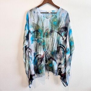 CJ Banks Peacock Feather Sheer Poncho Top Blouse 1X Boho Resortwear Festival